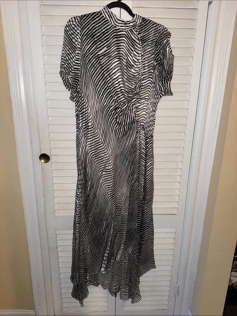 Tanya Taylor Black & White Striped High-Low Midi Dress